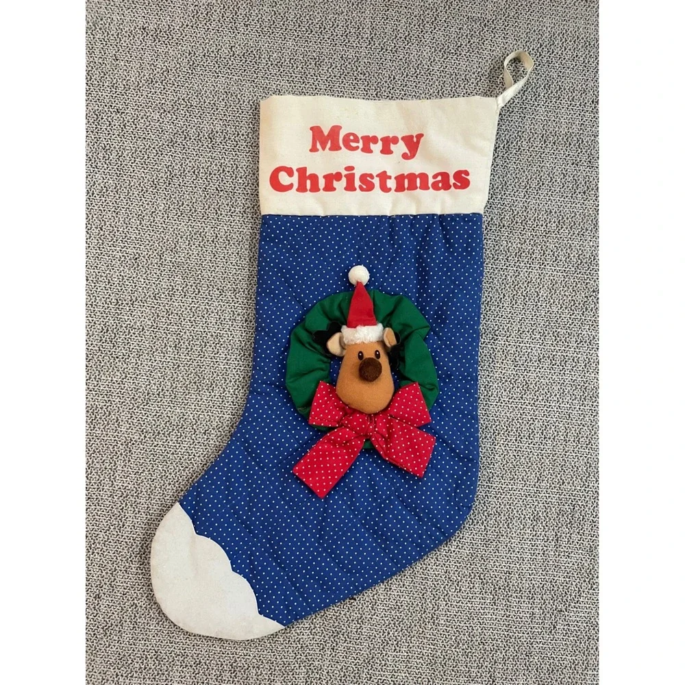 Russ Christmas Stocking‎ Blue Polka Dot Reindeer Wreath Merry Christmas Holiday